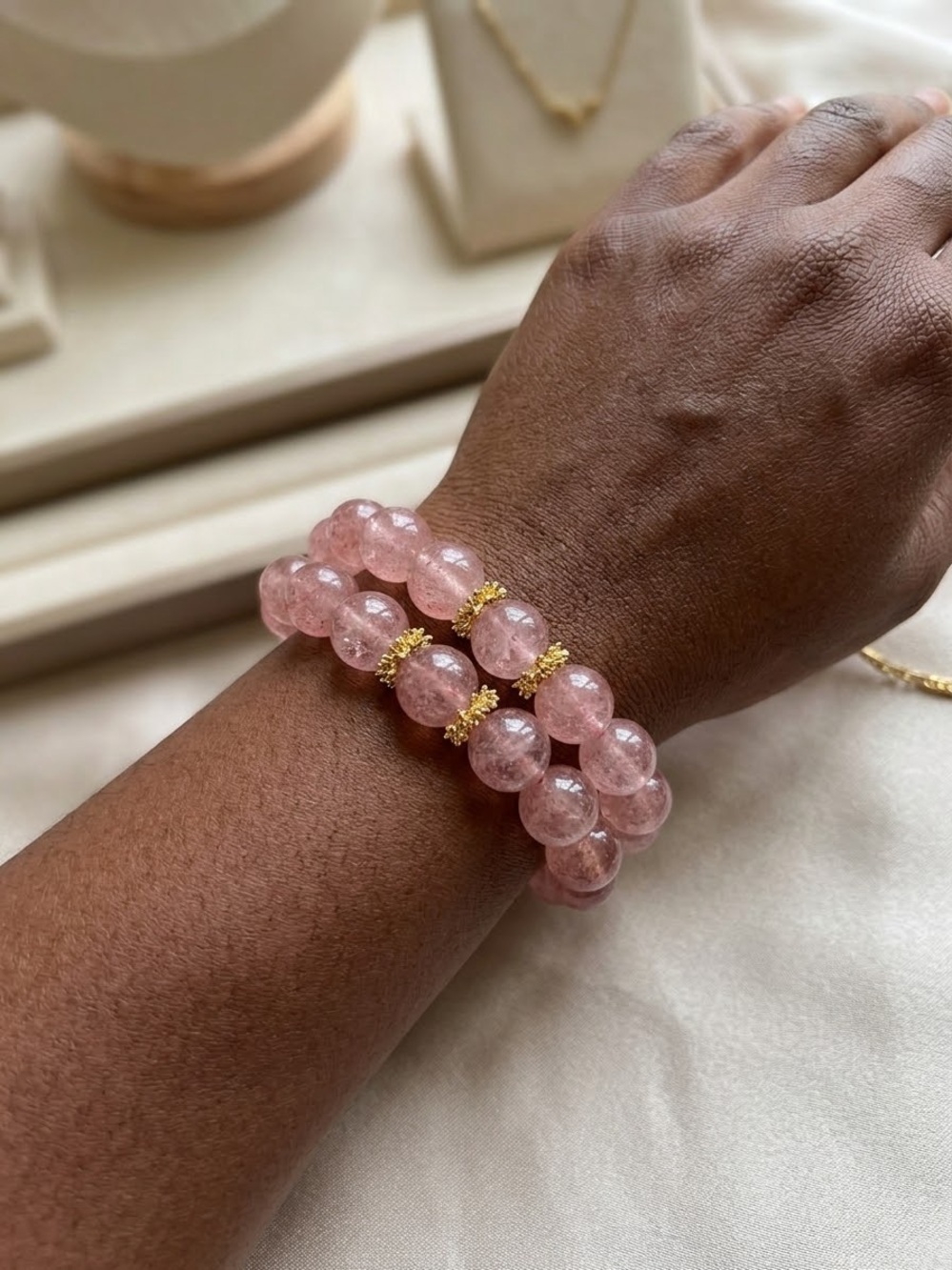 🌸 Natural Pink Strawberry Quartz Bracelets - Set of 2 with Gold Accents